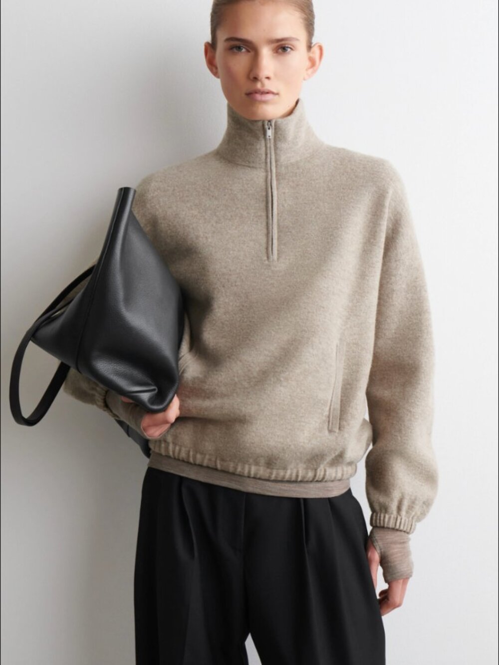 COS Boiled Merino Wool Zip-up Sweater - beige melange - NWT